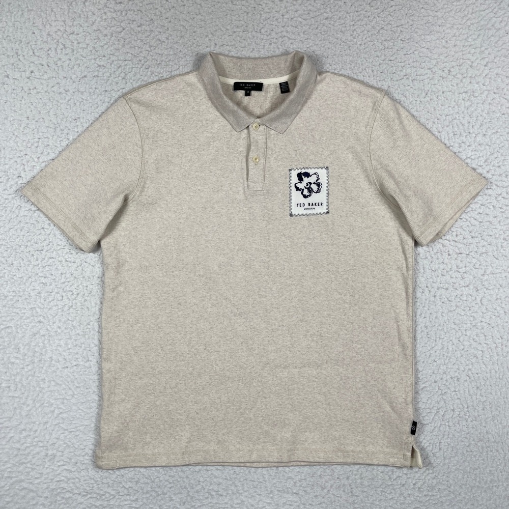 Ted Baker Marden Polo Shirt Mens‎ 5 XL Beige Ribbed Floral Magnolia Patch Preppy
